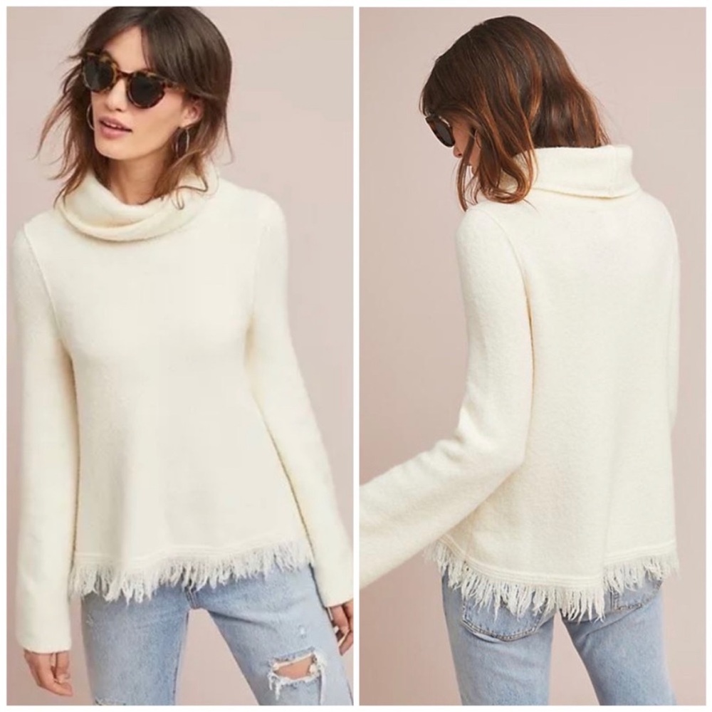 Anthropologie Akemi Kin Wool Alpaca Turtleneck Sweater Sz Small Fringe Trim
